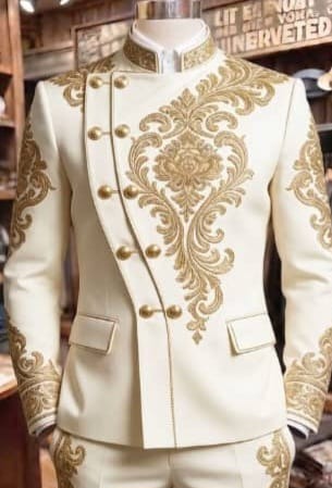 Man cream with embroidered suit cotton fabric